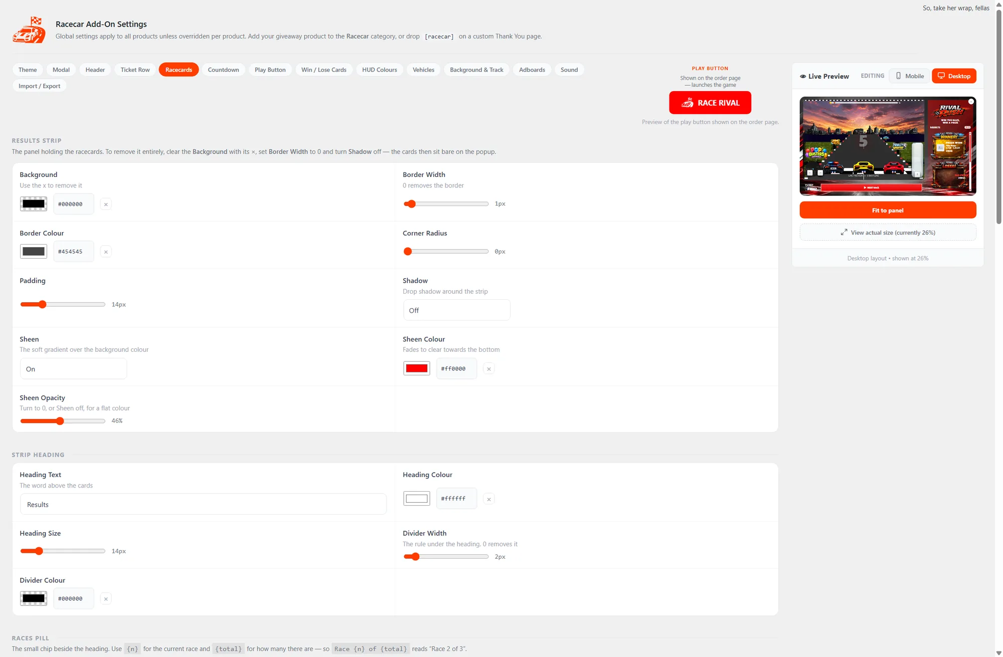 Every game has this: the settings page with a live, device-emulating preview beside it
