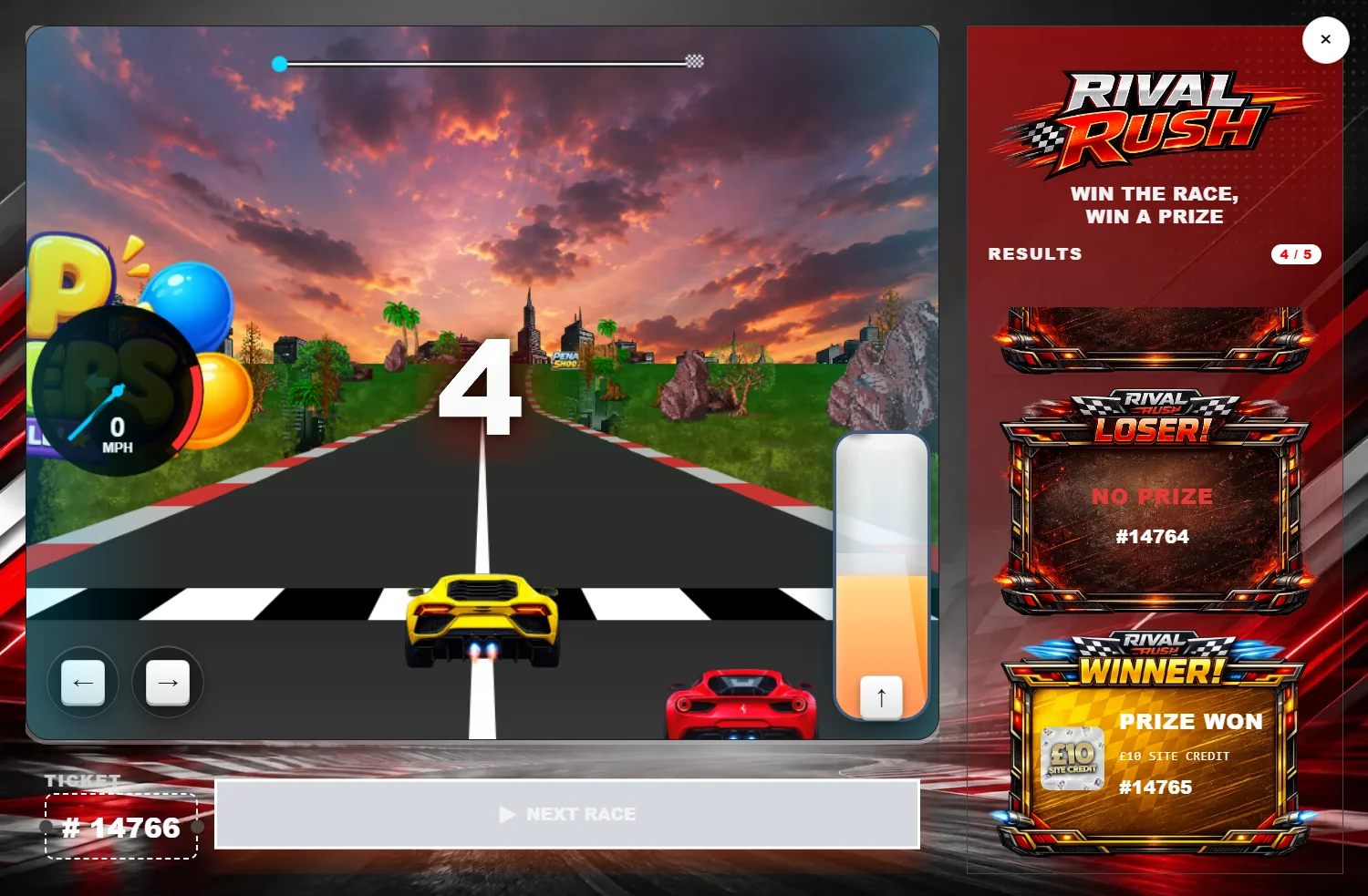 Race Car — Rival Rush, with a ticket per race and sponsor boards trackside