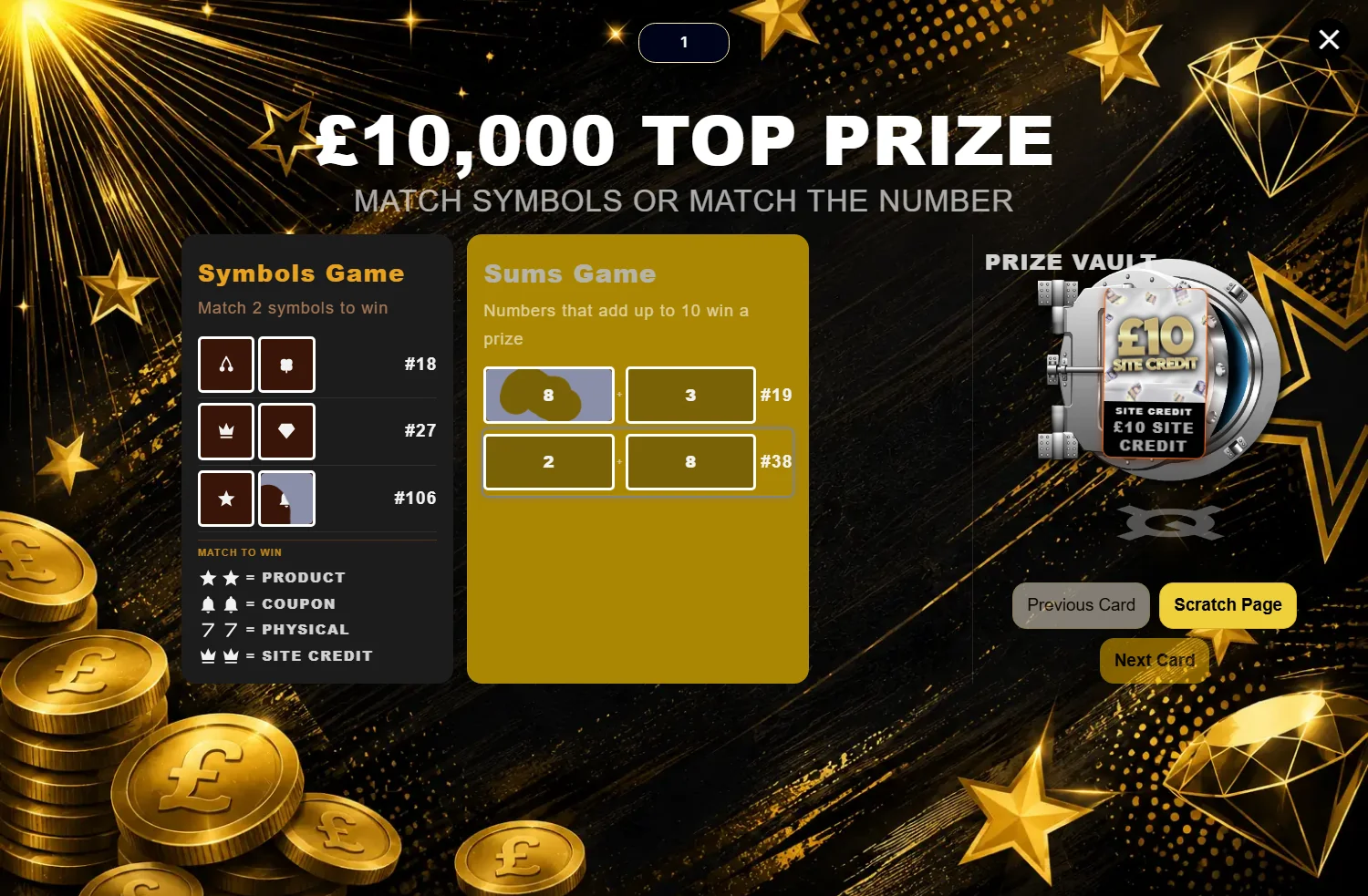 Scratch Card — Black Gold theme, symbols game, sums game and prize vault