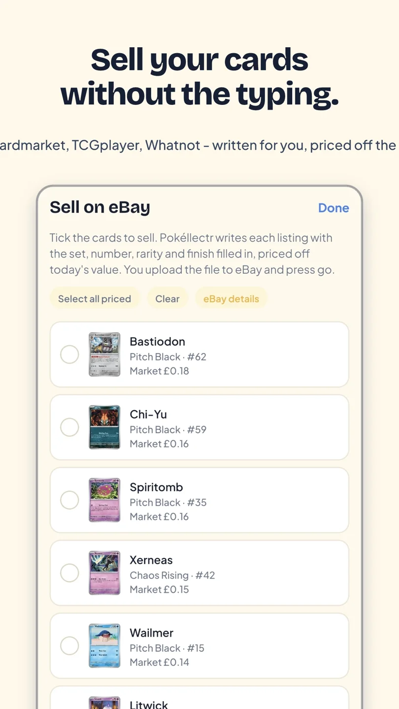 Sell on eBay — tick the cards, it writes every listing priced off today's market