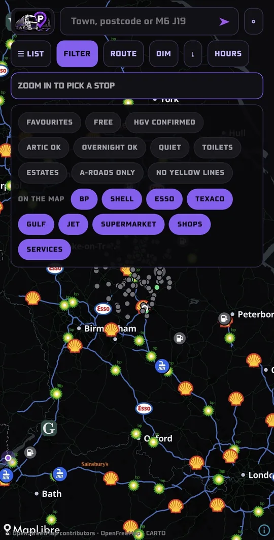 Filters: artic OK, overnight OK, quiet, toilets, plus fuel brands and services on the map