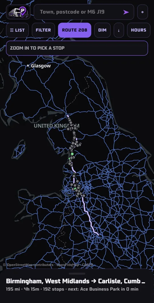 Birmingham to Carlisle — 192 free stops within five miles of the route, in the order you reach them