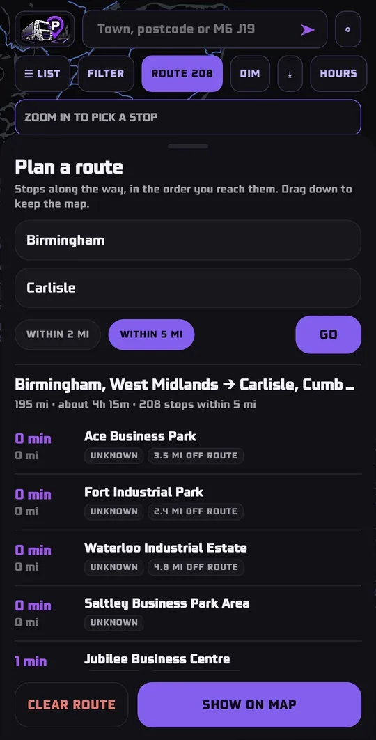 Route stops with distance off-route and the honest 'unknown' where nothing confirms overnight status
